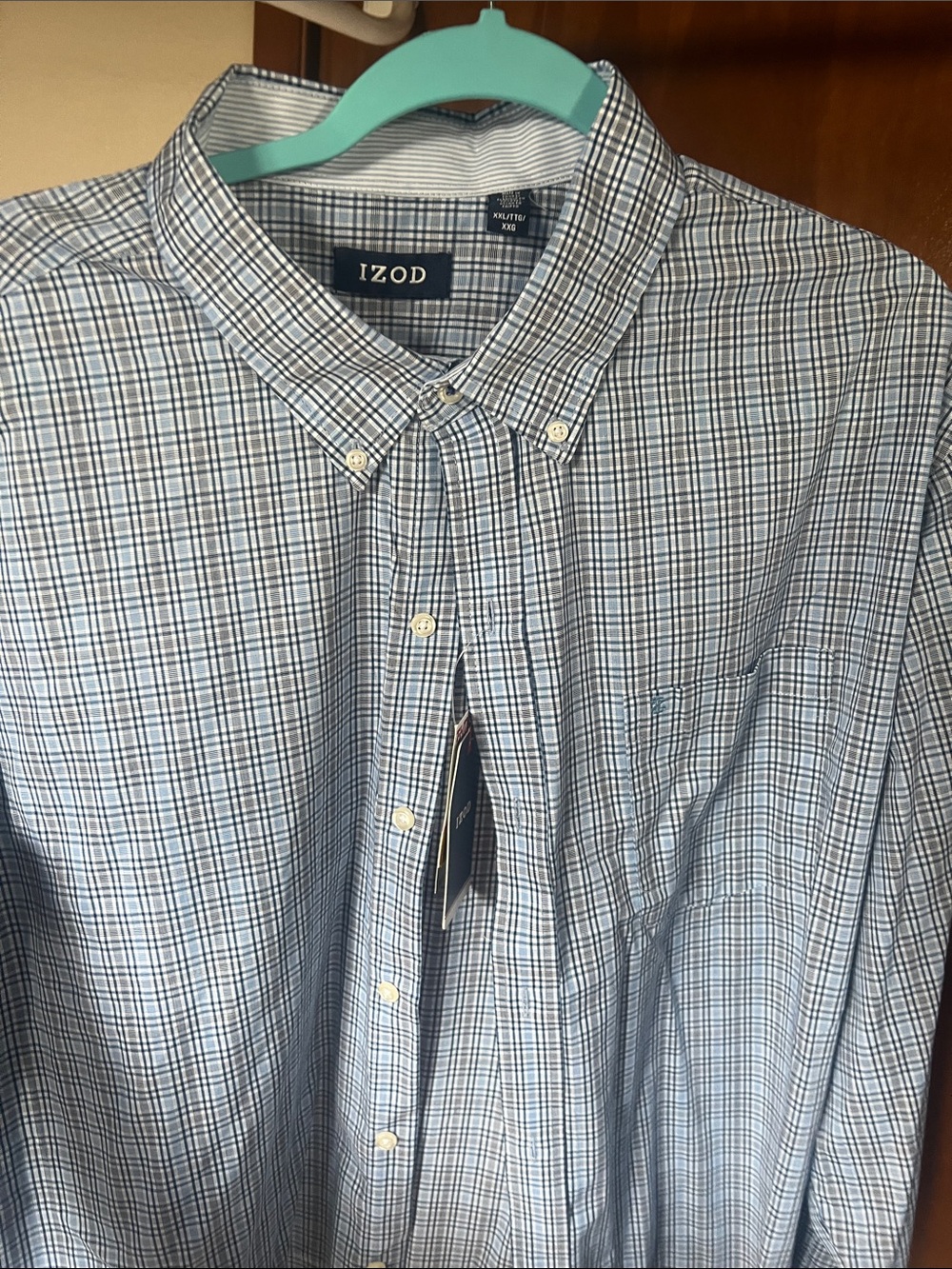 Izod Men's Light Blue and White Plaid Button-Down Shirt